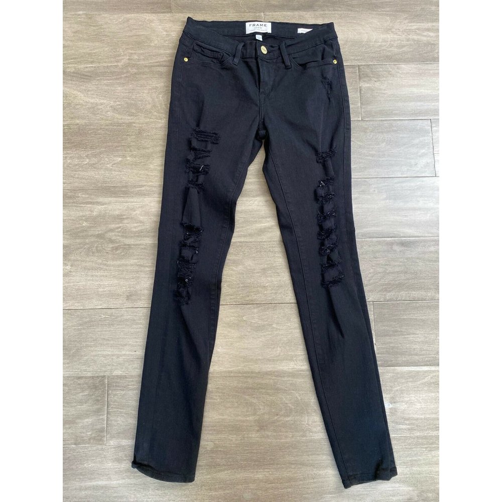 FRAME Denim Le Skinny de Jeanne Destroyed Jean in Kittyhawk - Size‎ 25 Black